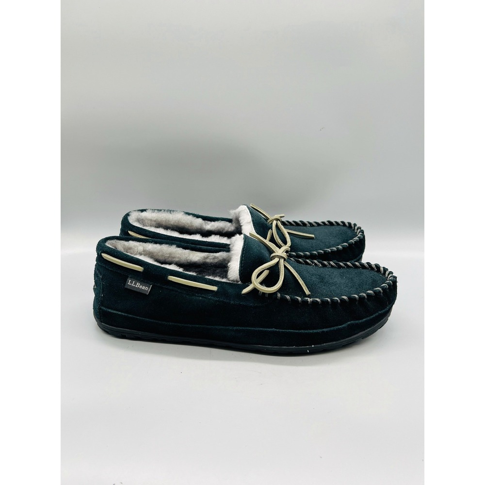 LL Bean Shoes Mens 12 Black Suede Shearling Lined Wicked Good Moccasins Slippers